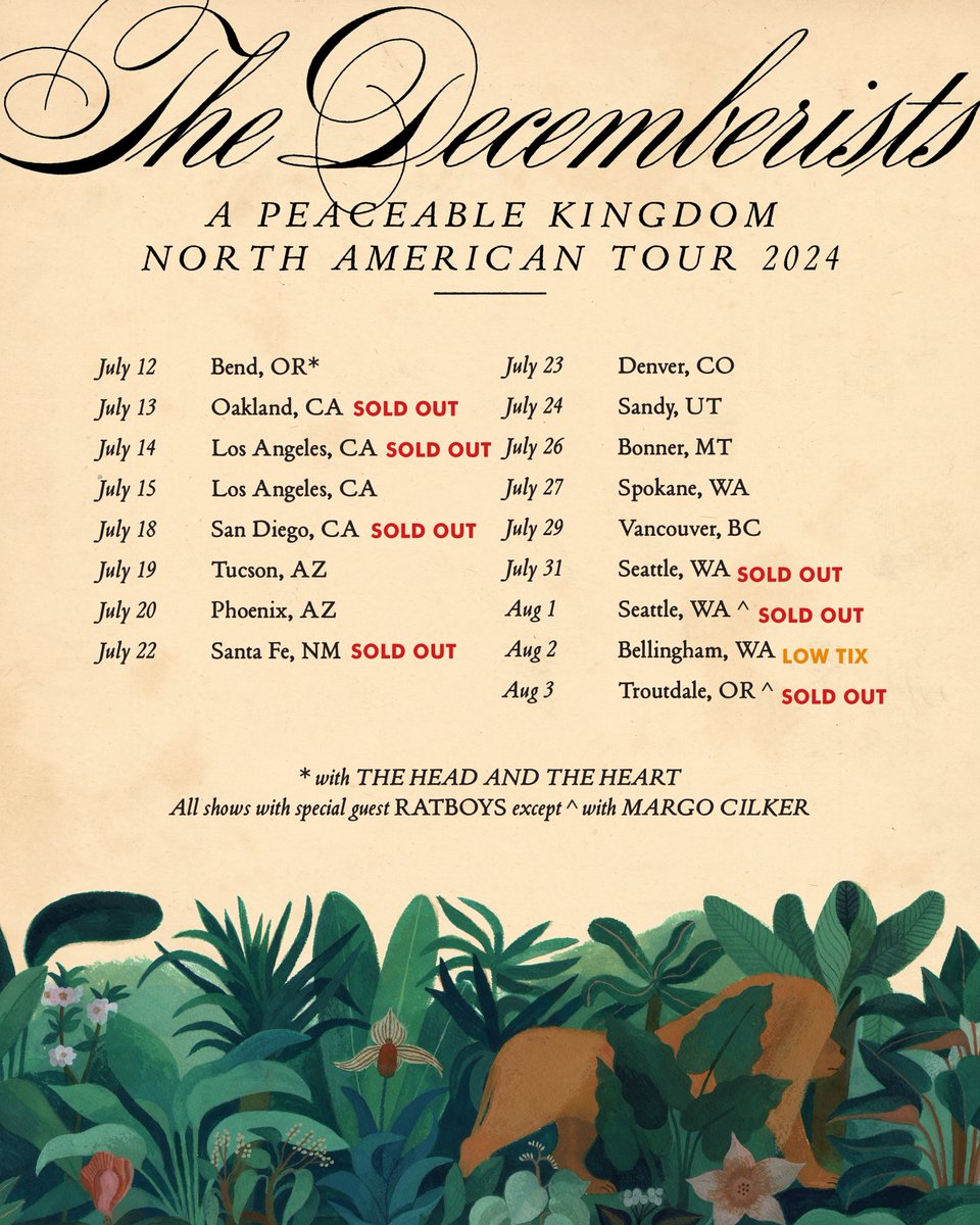 TheDecemberists's tweet photo. Back on the road this week, joined by @Ratboysband and @margocilker on select dates (plus a special one in Bend with @headandtheheart)! Find tickets at https://t.co/UlXHaBtBKv. https://t.co/KJeQYn0ljf