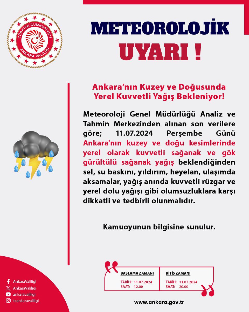 Meteoroloji Genel Müdürlüğü Ankara Bölge Tahmin ve Erken Uyarı Merkezi verilerine göre;

Ankara’nın Kuzey ve Doğusunda Yerel Kuvvetli Yağış Bekleniyor❗️