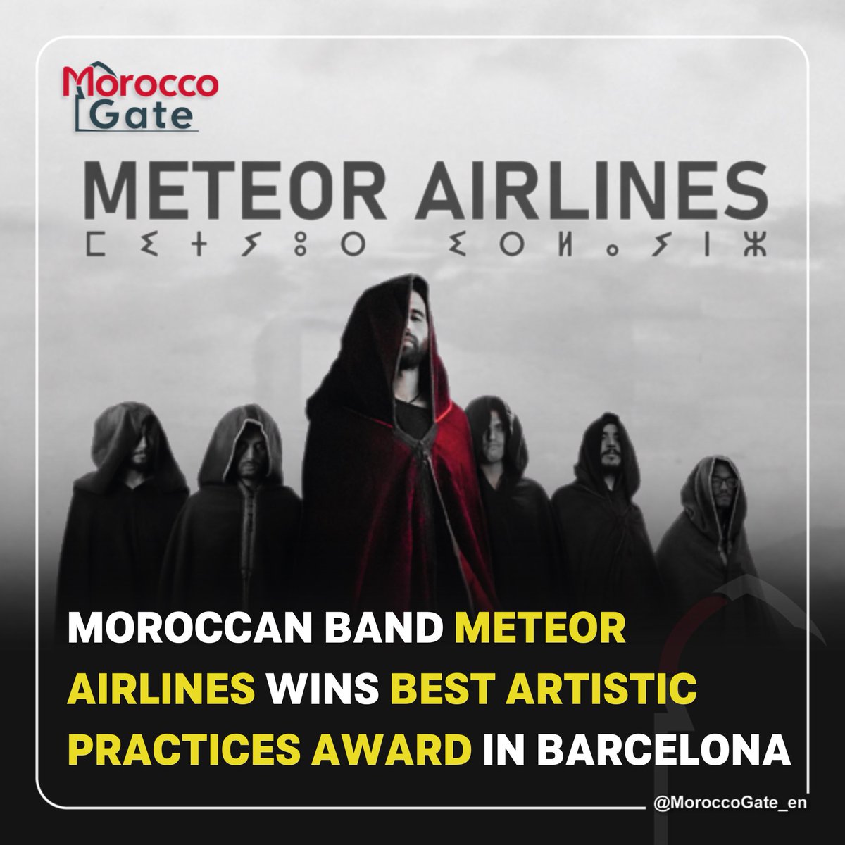 MoroccoGate_en's tweet photo. Moroccan #rock band Meteor Airlines has been awarded the Best Artistic Practices Award in the Mediterranean region at the #Creact4Med ceremony in Barcelona.
Recognized for their innovative fusion of traditional #Amazigh #music with contemporary rock over the past eight years, the band's win reflects their significant contributions to bridging cultural gaps and promoting Morocco's Amazigh heritage through their unique musical style.