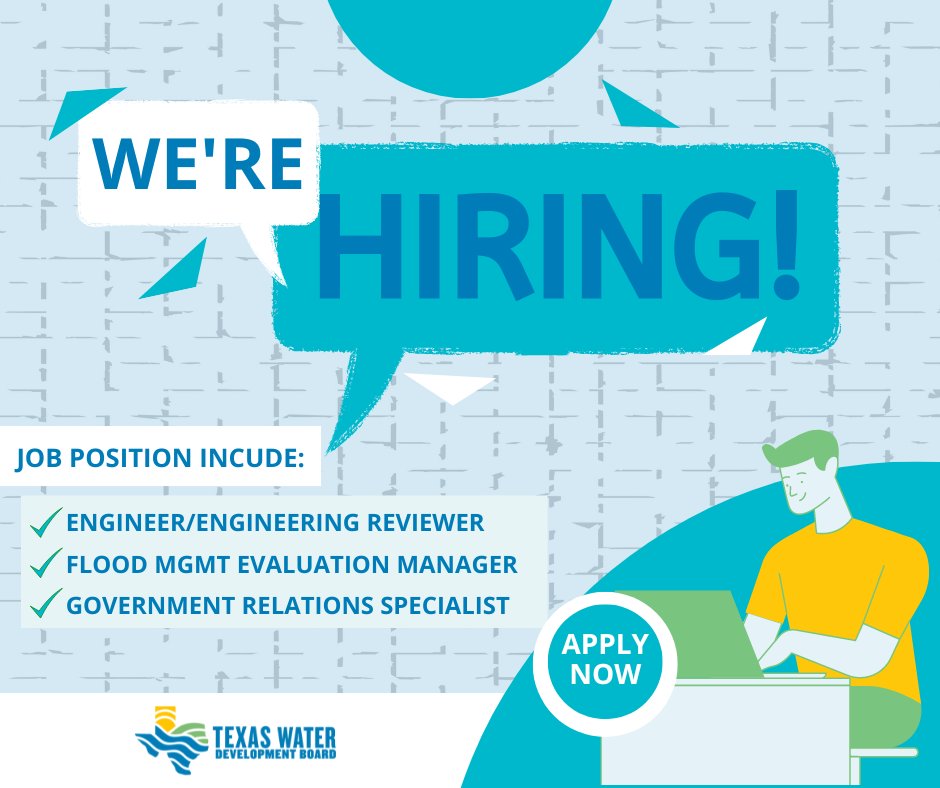 twdb's tweet photo. Attention all water enthusiasts! The @TWDB is on the lookout for highly skilled and motivated candidates in various positions. Apply now and take your career to the next level! 👉 https://t.co/w2NgFzOGUY

#texasjobs #workinwater #txwater #conservation #science #planning https://t.co/d8hyyY1qAi