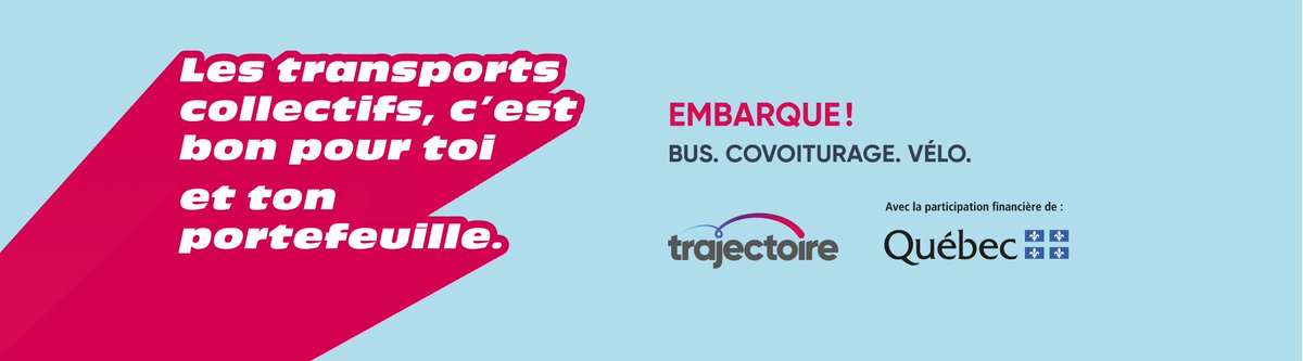 Notre partenaire @Trajectoireqc lance "Prochaine fois, embarque!", une campagne incitant à délaisser la voiture au profit des transports actifs et collectifs!
Participez au concours en publiant une photo de vous dans les #transportscollectifs avec #trompetonchar