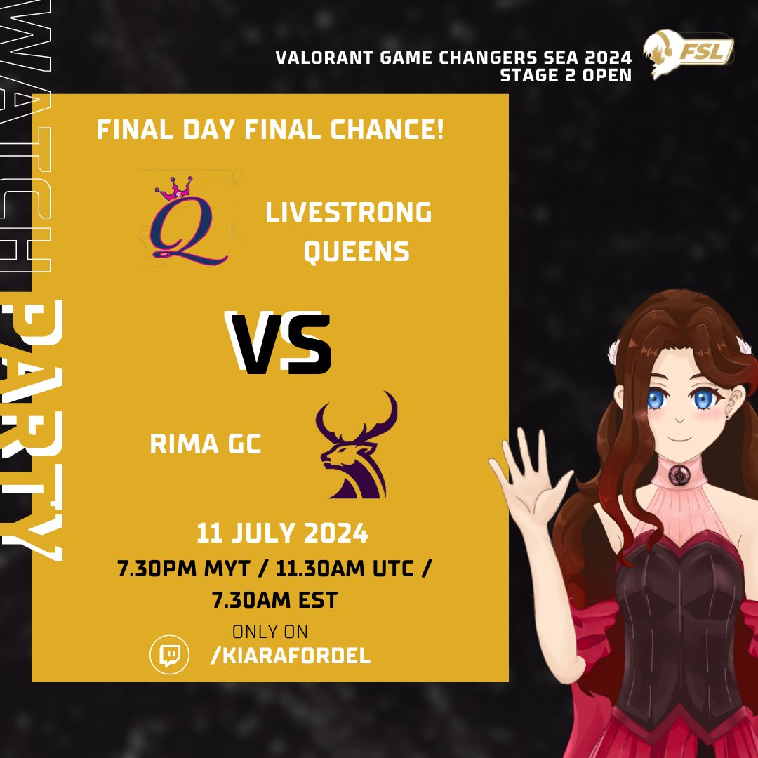 Welcome to the first day of <a href="/Fsl_GG/">FSL</a> Valorant Game Changers! Tonight we shall be watching <a href="/RIMAEsports/">RIMA Esports</a> vs #LiveStrongQueens 
with <a href="/CloudRunnerRex/">CloudRunner Rex 🦖☁️🔞</a>

Come join me now #VALORANT #Gamechangers #vtubersupportbeam