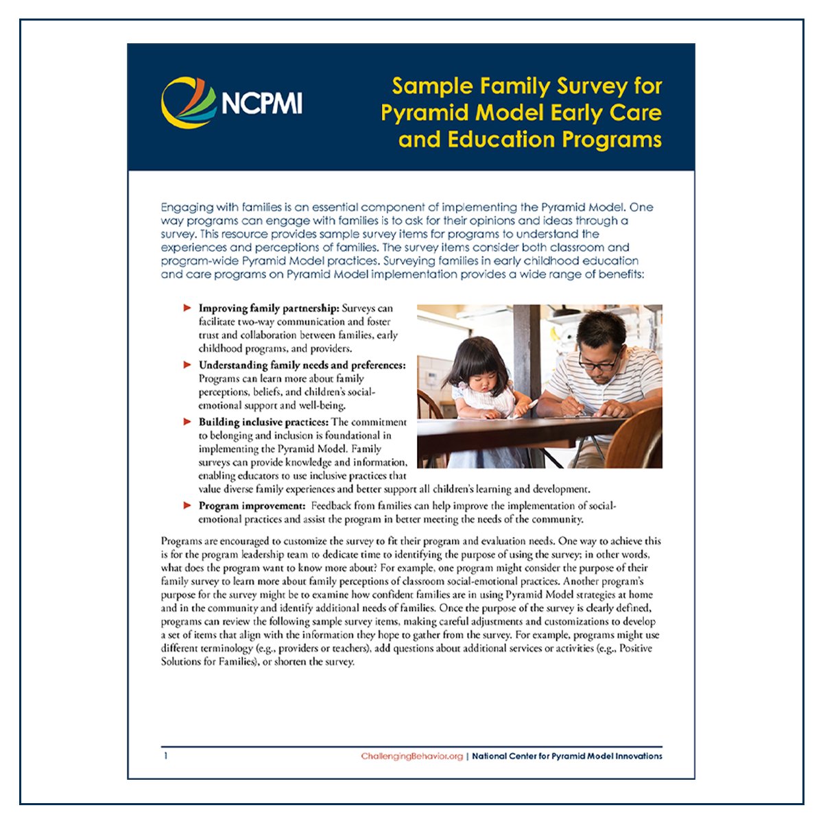 PyramidModel's tweet photo. The Sample Family Survey for Pyramid Model Early Care and Education Programs, a new tips sheet, provides sample survey items for programs to understand the experiences and perceptions of families.
Download it today!
https://t.co/LQ7rpLfrz0
#PyramidModel https://t.co/hS67fEexeS