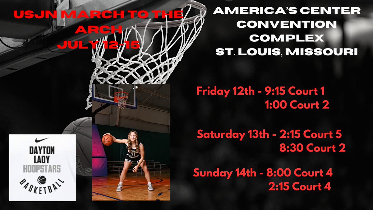 Brooke Nelson (@8bnelson) on Twitter photo Here is my schedule for this weekend! We will be playing at the <a href="/USJN/">USJN</a> March to the Arch.
<a href="/DLHPremier/">DLH Premier</a>
<a href="/DLHoopstars/">DAYTON LADY HOOPSTARS</a> Here is my schedule for this weekend! We will be playing at the <a href="/USJN/">USJN</a> March to the Arch.
<a href="/DLHPremier/">DLH Premier</a>
<a href="/DLHoopstars/">DAYTON LADY HOOPSTARS</a>