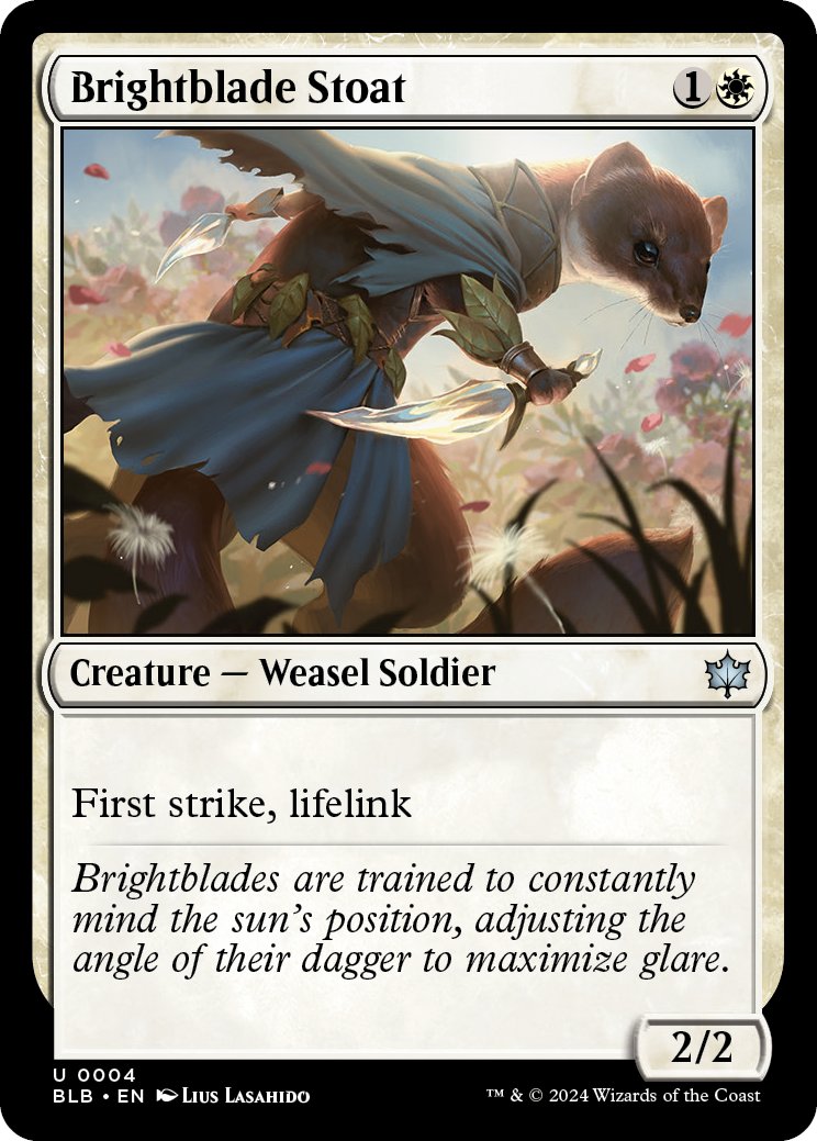 VoxyTwitch's tweet photo. As far as I know, there has never been a weasel introduced in Magic: The Gathering (other than myself)

that is until today.

Its an honor &amp; a privilege to introduce you all to Brightblade Stoat :)

Just a lil guy! WITH A KNIFE!

TY for the free preview wizards :) #MTGBloomburrow https://t.co/MDJcozqBvg