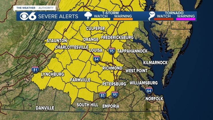 A Severe Thunderstorm Watch is in effect for much of central Virginia (including Metro Richmond) until 10pm.  The main threat will be damaging wind gusts up to 65 mph.  Stay alert for rapidly changing weather conditions!