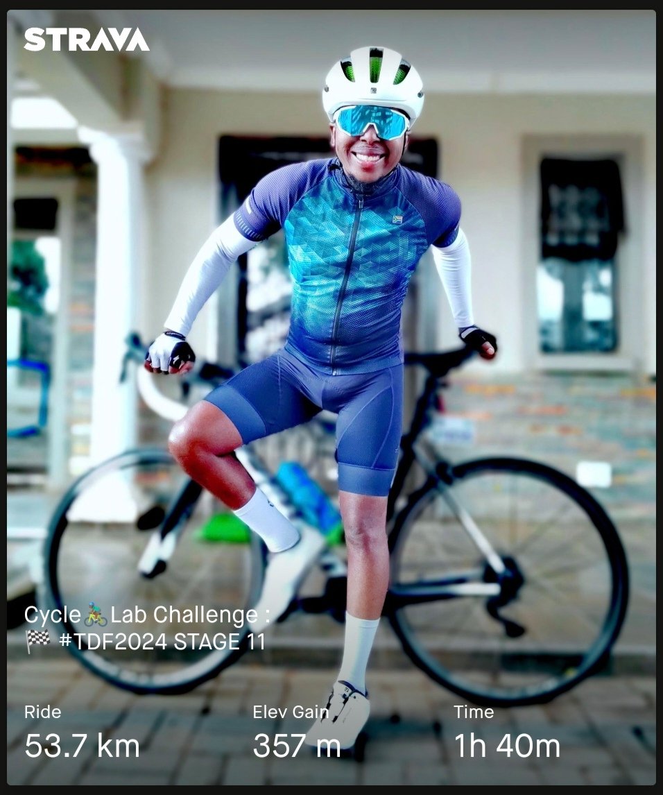 check_a_cyclist's tweet photo. Today was sweet in many ways with @LeTour #TDF2024 @cyclelab_ZA Challenge along with the Pros🤩The weather wasn't so bad & I rode with such great Rhythm👌🏽Keep the CONSISTENCY up whatever it is YOU DO to keep Fit & Healthy. It's not about "Summer Body", it's about WELLNESS🙏🏽 https://t.co/S2Ziw1rzbG