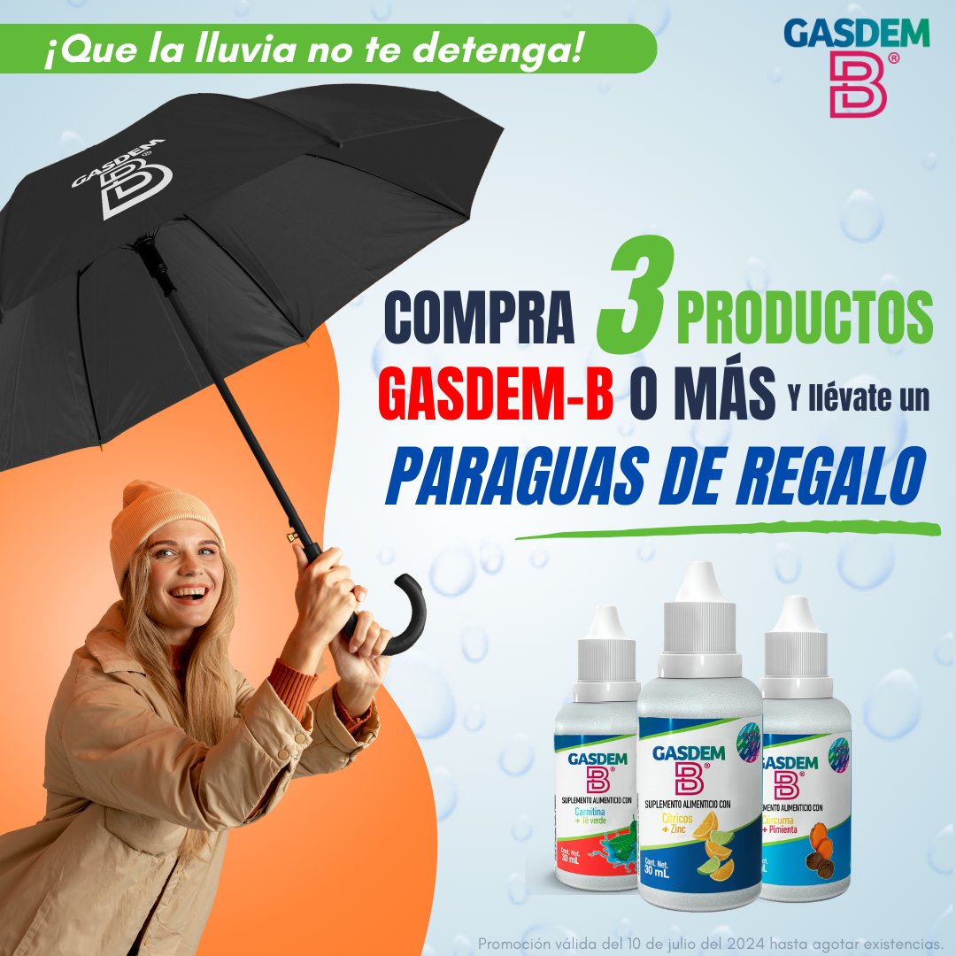 ¡Oferta Especial! ☔🎁
Por tiempo limitado, recibe un elegante paraguas de regalo con la compra de tres productos Gasdem B o más.
¡No dejes pasar esta oportunidad de cuidar tu salud con Gasdem B y estar preparado para cualquier clima! 🌦️
👉 Visítanos en: eviter.com/pages/gasdemb