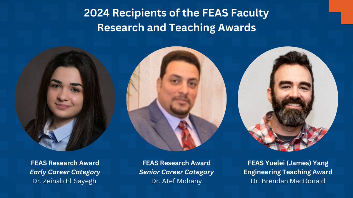 We are pleased to announce the 2024 recipients of the FEAS Faculty Research and Yuelei (James) Yang Engineering Teaching Awards.

Please join us in congratulating Dr. El-Sayegh, Dr. Mohany, and Dr. MacDonald on their awards!
