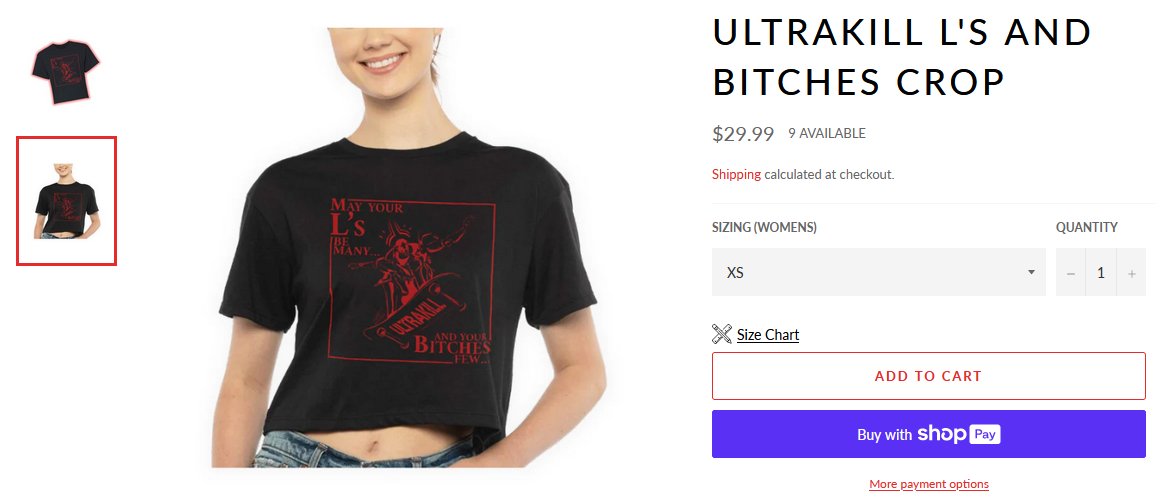 ULTRAKILLGame's tweet photo. Last day of the sale, so if you were thinking about buying it now, it's your last chance.

Also, new merch at https://t.co/BYyQvTfVaU! Two ULTRAKILL crop tops and a bumper sticker. They go well together, maybe? https://t.co/wHnPn8aZBh