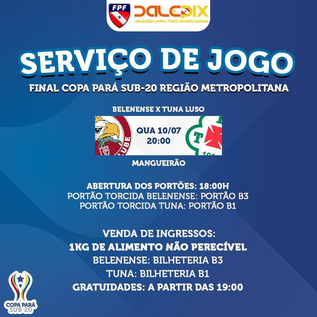 FPFPARA's tweet photo. É hoje! 🏆⚽️ A grande final da Copa Sub-20 no Mangueirão! Belenense e Tuna Luso se enfrentam às 20h, trazendo emoção e talento para o campo.
Confira o serviço de jogo da partida desta noite.
#FinalSub20 #Mangueirão #FutebolDeBase https://t.co/bb3XEtefbv