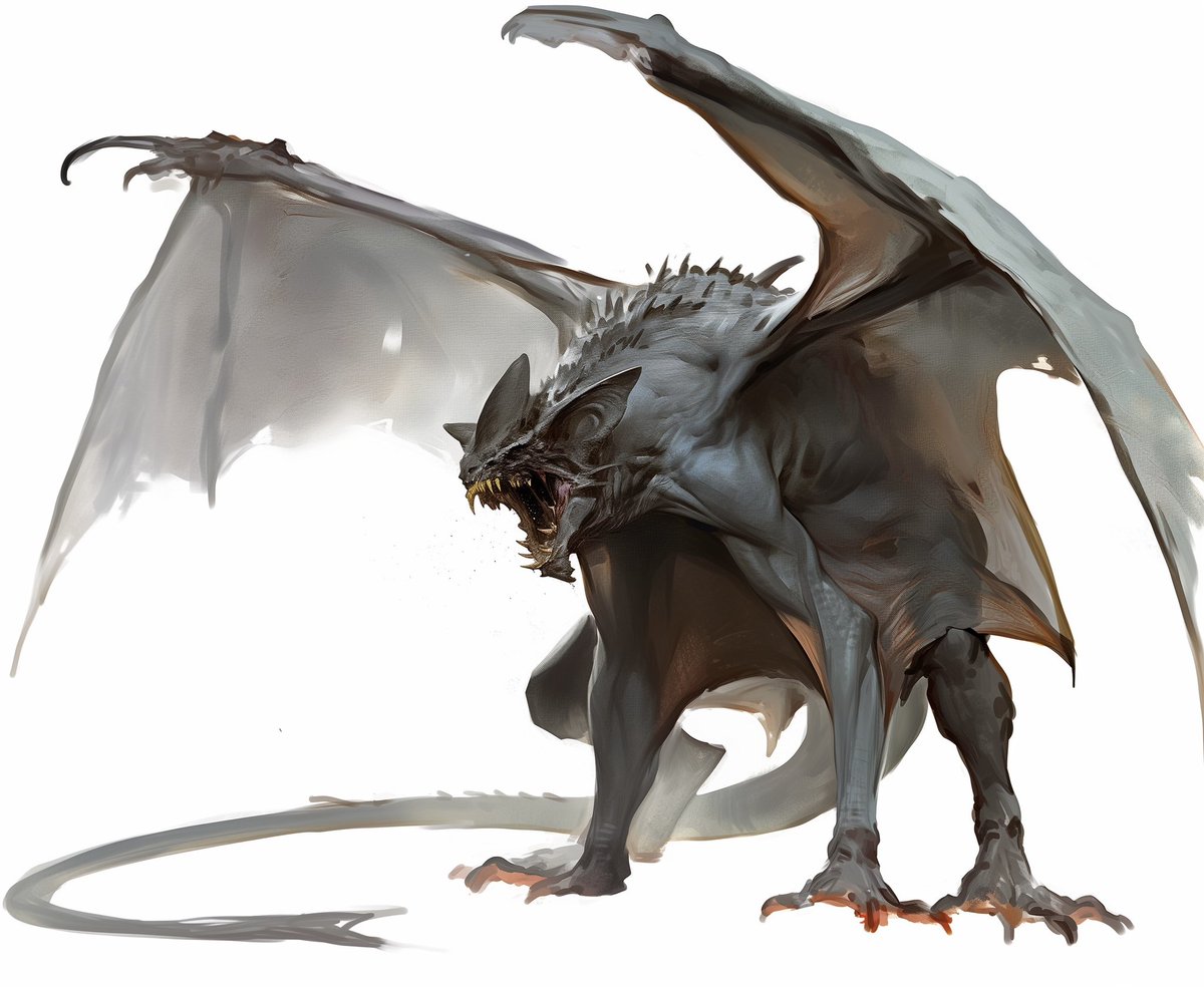 Jorrigun's tweet photo. The Doomwing is a terrifying bat-like draconic creature known for spreading a miasma of doom with its breath weapon. Its appearance is a horrifying blend of dragon and bat, featuring massive wings, sharp claws, and a fierce, toothy maw. 
Link to PDF: https://t.co/s7REVd7PYX https://t.co/1qqzEgbZL2