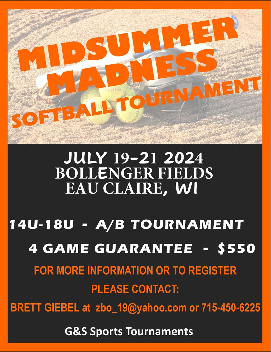 Don't miss Midsummer Madness from July 19-21! 🥎 Watch as 50 teams of talented girls, ranging from 10U-18U, compete in a Fastpitch Tournament at the Bollinger Fields. This event is FREE, so visit the link for more information. &gt;&gt; visiteauclaire.com/event/midsumme…