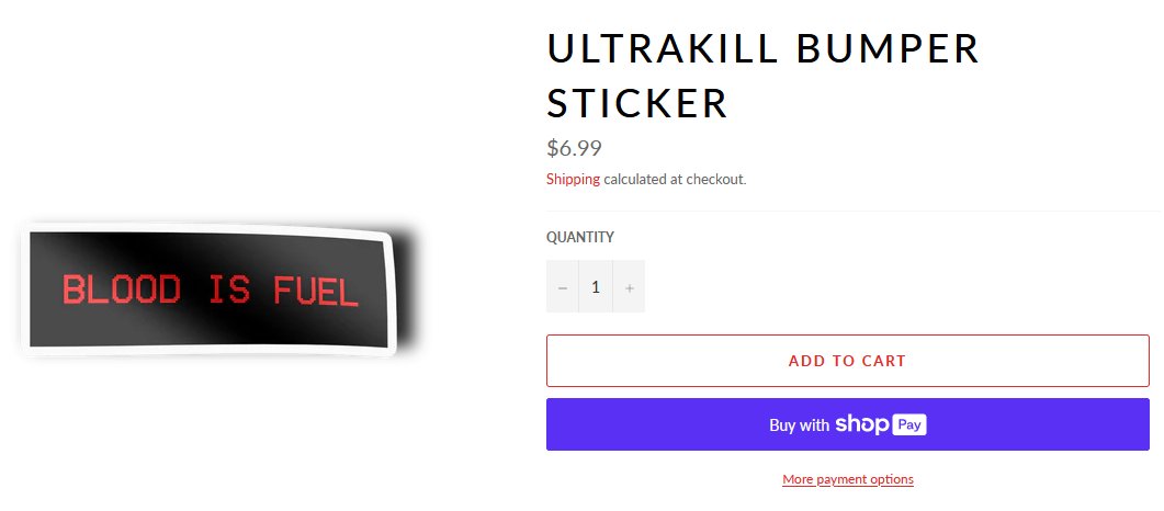ULTRAKILLGame's tweet photo. Last day of the sale, so if you were thinking about buying it now, it's your last chance.

Also, new merch at https://t.co/BYyQvTfVaU! Two ULTRAKILL crop tops and a bumper sticker. They go well together, maybe? https://t.co/wHnPn8aZBh