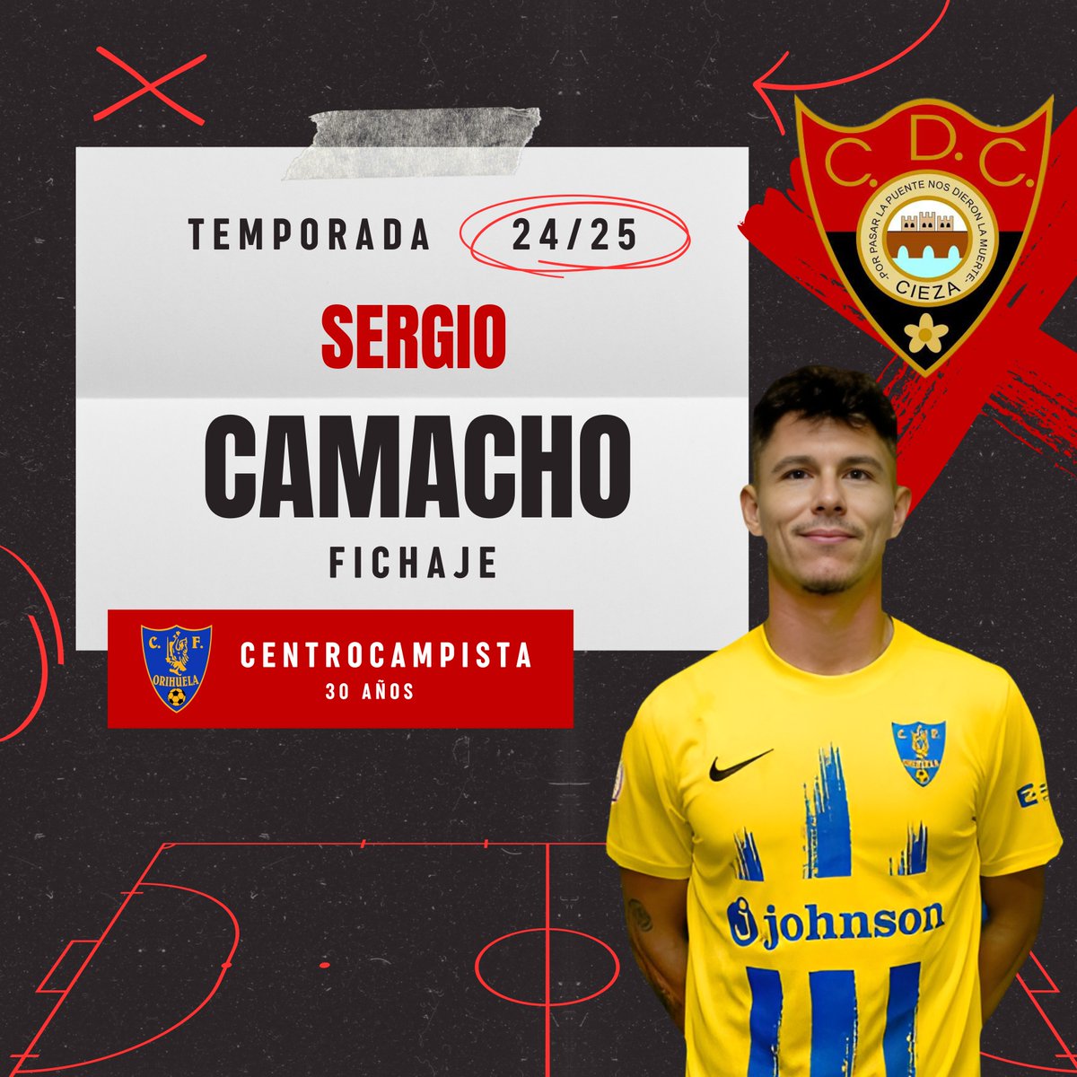 Veo que no os gustan las bombas, ¿verdad, Esparteros? 😏💣 ¡Pues aquí viene otra! 

🚀 Anunciamos el fichaje de Sergio Camacho del <a href="/Orihuela_CF/">Orihuela C.F.</a> . ⚽️🔥

 ¡Bienvenido al CD Cieza, Sergio! 💪🔴⚫️ #OrgulloEspartero #VamosCieza 
<a href="/sergiocm94/">Sergio Camacho</a>