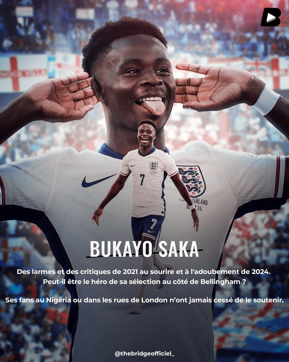 The_BridgeMedia's tweet photo. Saka 2021 vs Saka 2024 !

Alors que l’attaquant vedette d’Arsenal, d’origine nigériane s’apprête à jouer une demie-finale de l’Euro 2024 pour l’Angleterre, on se souvient de ses larmes lors du dernier exercice et des critiques et insultes dont il avait été victime.

C’est une toute autre histoire qui s’écrit pour cette nouvelle édition. Incisif et décisif, il est un élément clé de l’attaque de son équipe.

Il peut compter sur le soutien de ses coéquipiers, des supporters anglais, mais aussi de la communauté nigériane.

Va t-il porter son équipe au côté de Jude Bellingham et consorts jusqu’au titre de champion d’Europe ?

#TheBridgeMedia #Euro2024 #BukayoSaka #Football #OnTheBridge #Naija #Nigeria #Angleterre #Arsenal