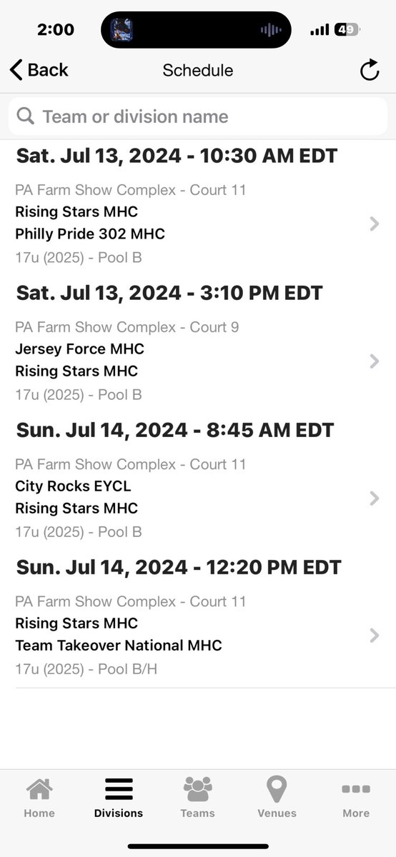 Schedule for Made Hoops Summer Live 2 playing with Rising Stars MHC