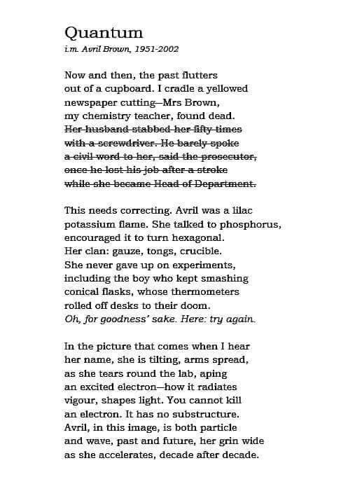 CW: domestic violence. Poem from my recent collection Panic Response about my chemistry teacher, Avril Brown, who was very kind to me and who deserves to keep shining. (Been talking about her owing to the misogynistic killings in Bushey, which is where she taught me.)