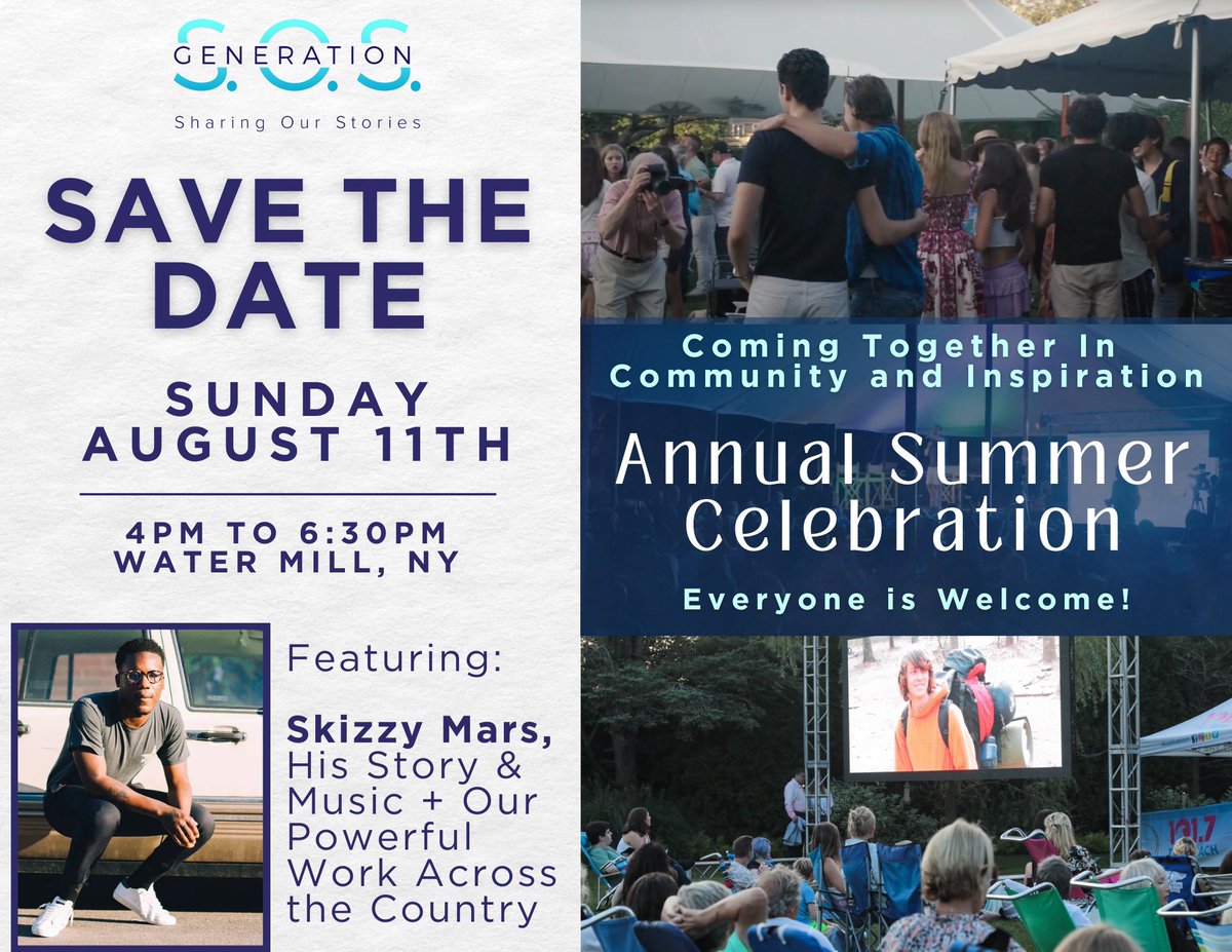 generationsosus's tweet photo. Save. The. Date. 

“Our Coming Together in Community &amp; Inspiration” Annual Summer Celebration ftr @skizzymars is August 11th in Water Mill, NY, 4pm to 6:30pm. 

More details coming shortly — but make sure you mark your 🗓️ and prepare to join us for a powerful Sunday afternoon. https://t.co/QfNCc7n37I