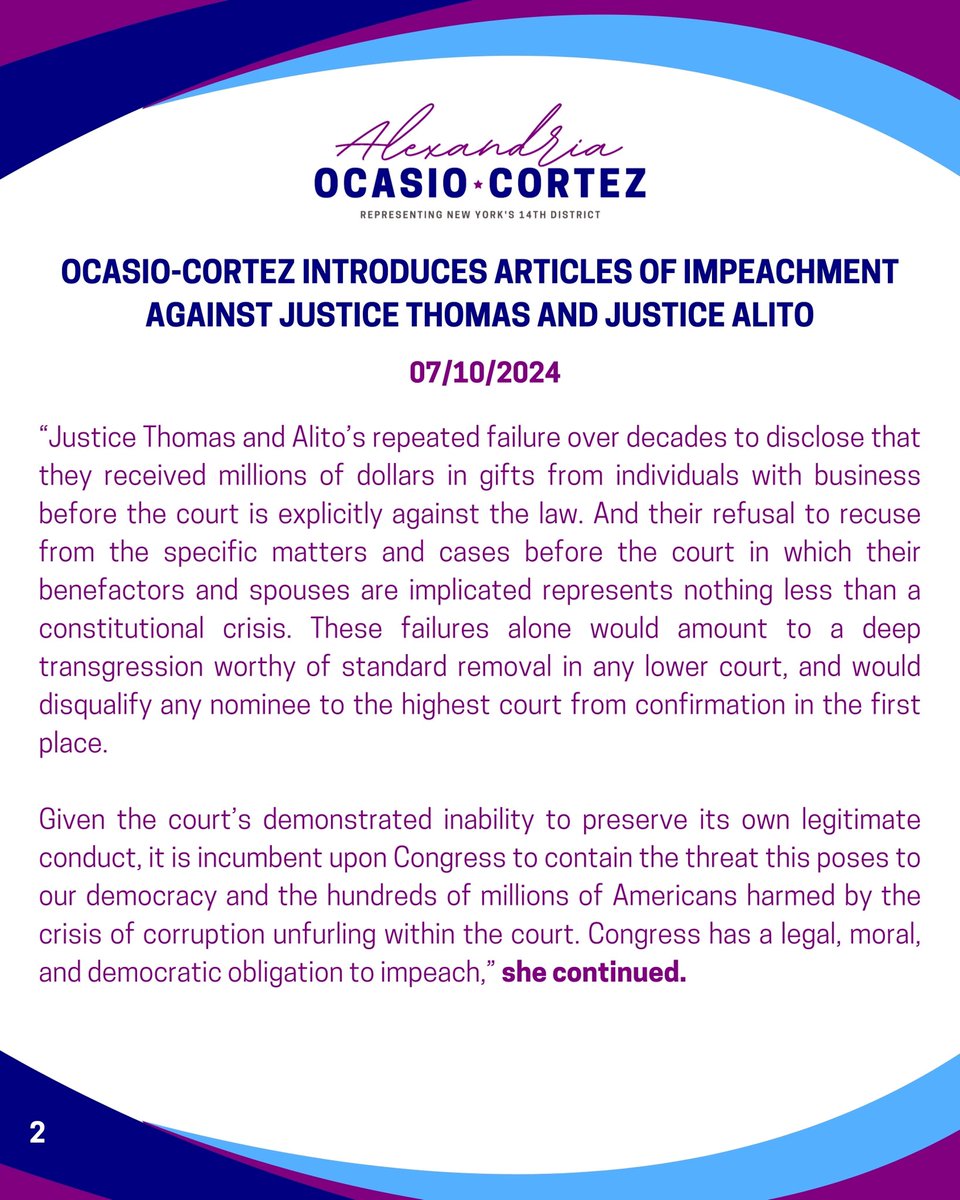 RepAOC's tweet image. Today, I introduced articles of impeachment against Supreme Court Justices Clarence Thomas and Samuel Alito. 

Read my full statement: ocasio-cortez.house.gov/media/press-re…