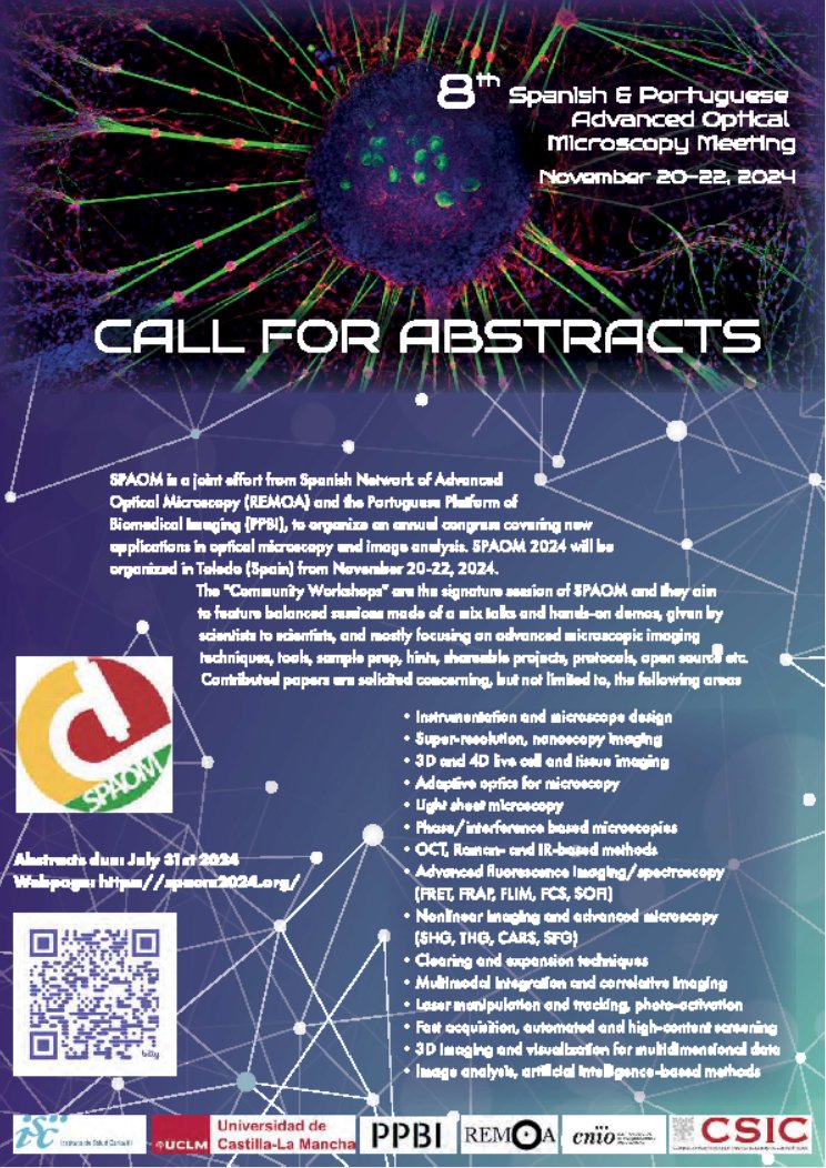 Interested in microscopy and new advances and applications? Send now your contribution to the SPAOM 2024 to be held in Toledo (Spain), 22-24 November. Do not miss it!! You will enjoy it!!

<a href="/sedopticamof/">Área de Mujer, Óptica y Fotónica - SEDOPTICA</a> <a href="/IO_CSIC/">Instituto de Óptica (CSIC)</a> <a href="/Isabel_Peset/">Isabel Peset</a> <a href="/molab_uclm/">MOLAB - Mathematical Oncology Lab</a> <a href="/GICOUCM/">GICO-UCM</a> <a href="/GEFES_RSEF/">GEFES RSEF</a>