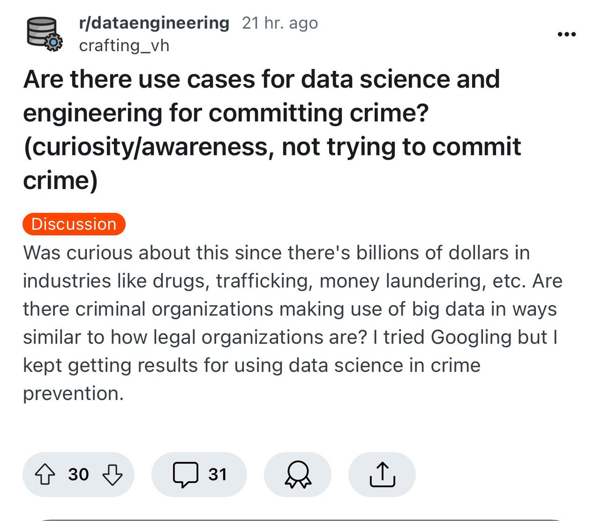 ryxcommar's tweet photo. vibe check: average /r/datascience post vs average /r/dataengineering post https://t.co/DQPQtnHNNa