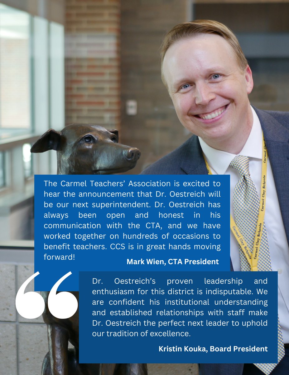 CarmelEdFdn's tweet photo. 🎉 Join us in congratulating Dr. Oestreich on his new role as Superintendent starting July 2025! 🌟 Filling big shoes with ease, we have no doubt he will be an outstanding leader. The Carmel Education Foundation is thrilled for our future together!@myccs https://t.co/SzpNpQEaxg