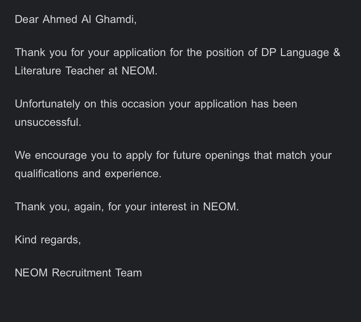 A7md4real's tweet photo. I recently applied for two positions at @NEOM that closely match my qualifications and experience. It’s disappointing not to have been given the opportunity for an interview, considering my background. https://t.co/GYjcnUSJWu