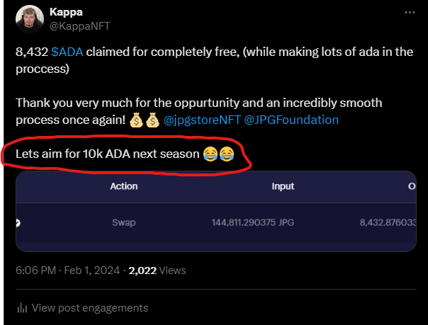 For Season 3 of <a href="/jpgstoreNFT/">jpg.store</a> my goal was to make 10,000 $ADA in xp...

It has been accomplished!

9,773 $ADA claimed + top leaderboard position which can't be claimed yet, will make it 10,000+ 🏆🥇

Thanks yet again <a href="/jpgstoreNFT/">jpg.store</a> for another season of opportunity!

Grind was WORTH