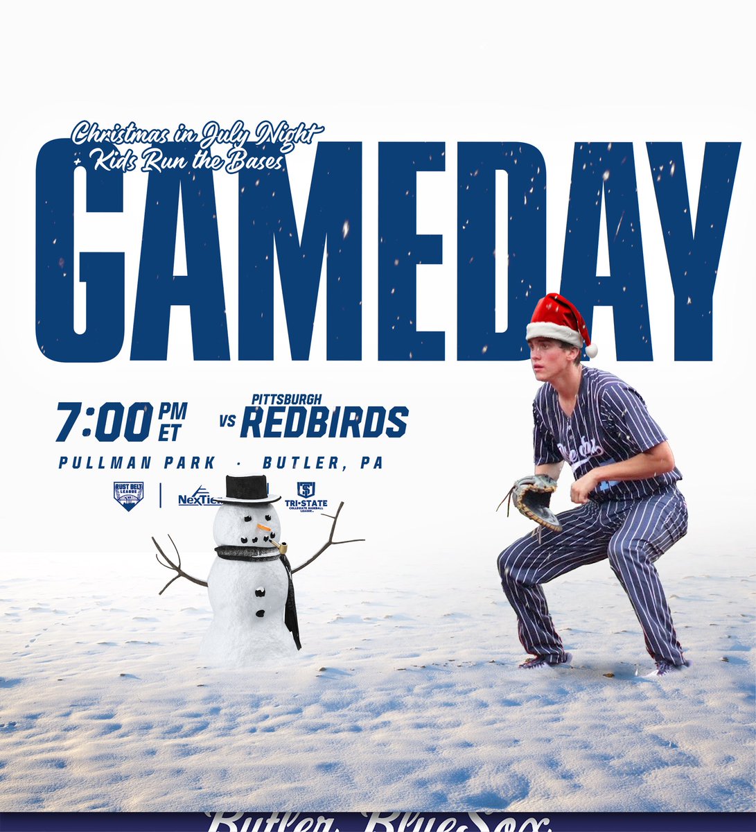 TButlerbluesox's tweet photo. Your Butler BlueSox are back in action tonight as they welcome the Pittsburgh Redbirds to Pullman Park! It’s Christmas in July night as well as kids run the bases, so make sure you’re in your festive spirit! First pitch is at 7:00PM! #ForTheCity #LetsGoSox https://t.co/DKBRabLyb5