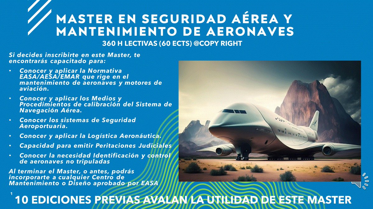 MASTER EN SEGURIDAD AEREA Y MANTENIMIENTOI DE AERONAVES
Está abierta la inscripción en el 11ª Edición de este Master Profesional.
En esta Edición inauguramos tres modalidades:
- Presencial
- Semipresencial, donde se podrán recuperar las clases que no se pudo asistir
- Telemática