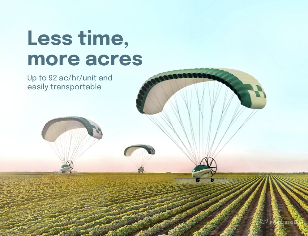 The solution for low labor, sustainable, cost-efficient chemical application on the farm has been hindered by small drones that require battery changes every 4-6 minutes. By leveraging the power of a parachute, our AirSprayers™ handle payloads beyond traditional UAV limitations.