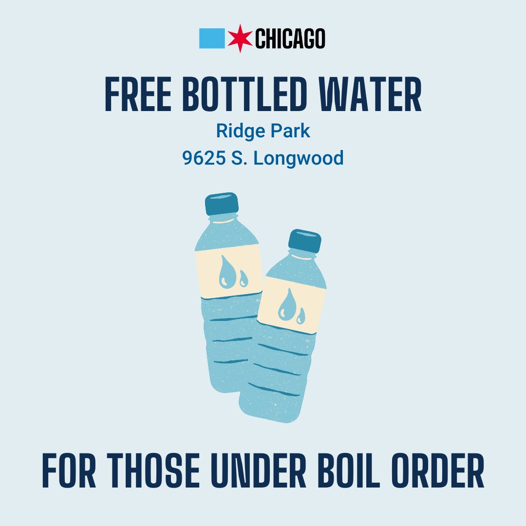 Due to a water main leak, buildings and homes located east of Sacramento, north of 119th, west of I-57, south of 87th, and southwest of Beverly Ave. are under a boil order. Residents from those areas can pick up free bottled water at Ridge Park, 9625 S. Longwood.