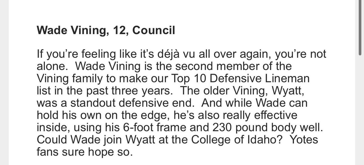 Wade Vining (@wadevining25) on Twitter photo Blessed to be Ranked Top 10 DL in the State Going into the 2025 Season🙏🙏 <a href="/PrepRedzoneID/">Prep Redzone Idaho</a> <a href="/Coach_CBooth/">Cody Booth</a> <a href="/CoachNolanB/">Nolan Bartholomew</a> <a href="/CoachTPurcell/">Coach Troy Purcell</a> <a href="/MonTechFootball/">Montana Tech Football</a> <a href="/FootballCarroll/">Carroll College Football</a> <a href="/YotesFootball/">College of Idaho Football</a> <a href="/EouFootball/">EOU Football</a> <a href="/RandyBandelow/">Coach Randy Bandelow</a> <a href="/CoachKyleSamson/">Kyle Samson</a> <a href="/CoachJewell/">Chris Jewell</a> Blessed to be Ranked Top 10 DL in the State Going into the 2025 Season🙏🙏 <a href="/PrepRedzoneID/">Prep Redzone Idaho</a> <a href="/Coach_CBooth/">Cody Booth</a> <a href="/CoachNolanB/">Nolan Bartholomew</a> <a href="/CoachTPurcell/">Coach Troy Purcell</a> <a href="/MonTechFootball/">Montana Tech Football</a> <a href="/FootballCarroll/">Carroll College Football</a> <a href="/YotesFootball/">College of Idaho Football</a> <a href="/EouFootball/">EOU Football</a> <a href="/RandyBandelow/">Coach Randy Bandelow</a> <a href="/CoachKyleSamson/">Kyle Samson</a> <a href="/CoachJewell/">Chris Jewell</a>