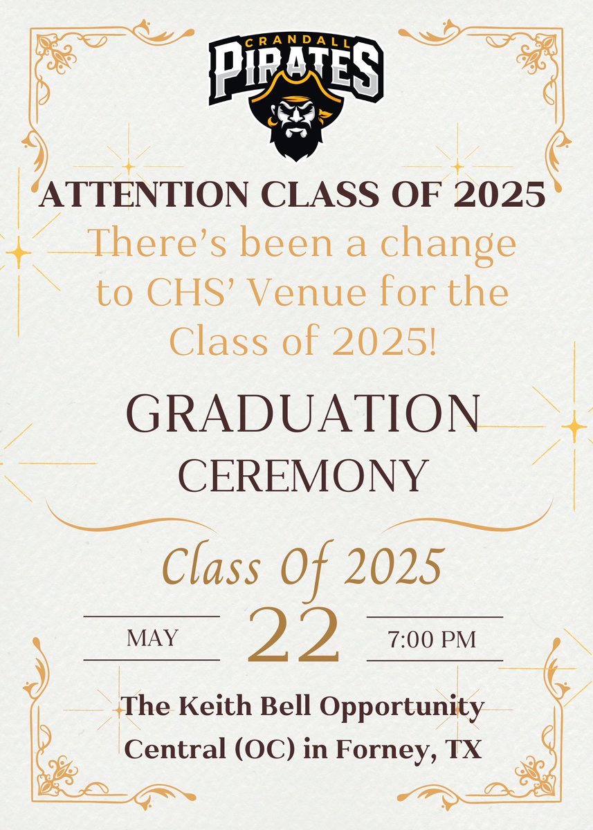 CrandallHS's tweet image. Attention Senior Class of 2025! See below for information on venue change for this year&apos;s graduation ceremony. 
#CHSBelieveintheClimb #CHSSeniors25