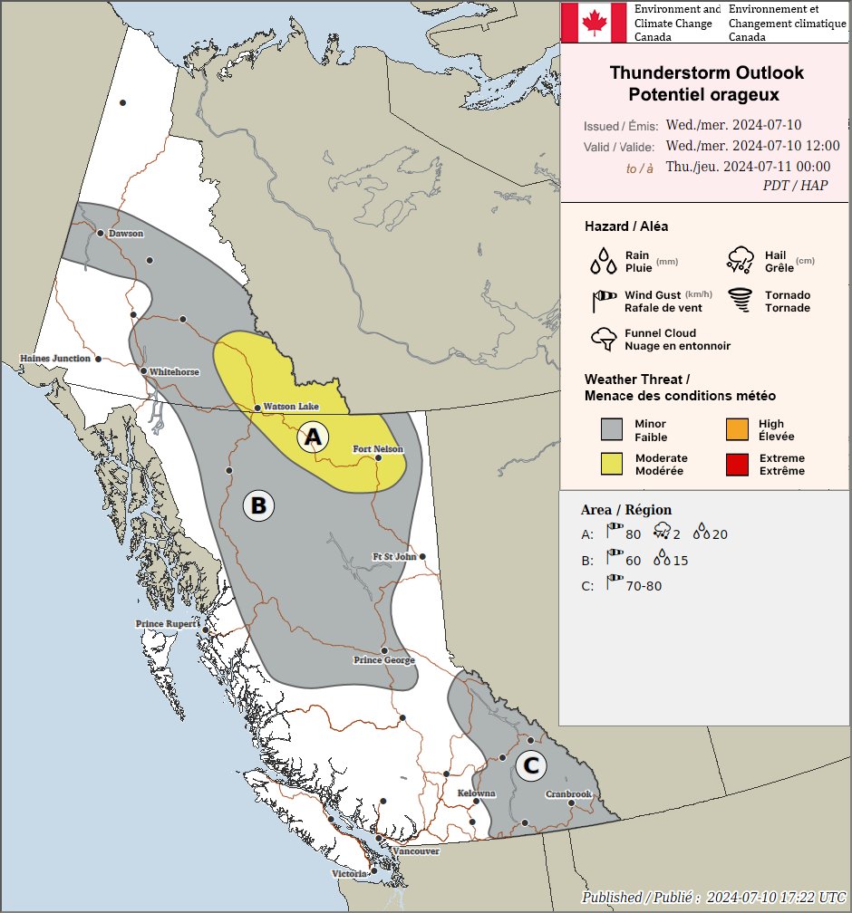 ECCC Weather British Columbia (@ecccweatherbc) on Twitter photo In addition to heat, be alert for thunderstorms across the interior today (July 10)! Lightning, coupled with persistently dry conditions, may increase wildfire activity. Follow <a href="/BCGovFireInfo/">BC Wildfire Service</a> for wildfire info. #BCStorm ⛈️ In addition to heat, be alert for thunderstorms across the interior today (July 10)! Lightning, coupled with persistently dry conditions, may increase wildfire activity. Follow <a href="/BCGovFireInfo/">BC Wildfire Service</a> for wildfire info. #BCStorm ⛈️