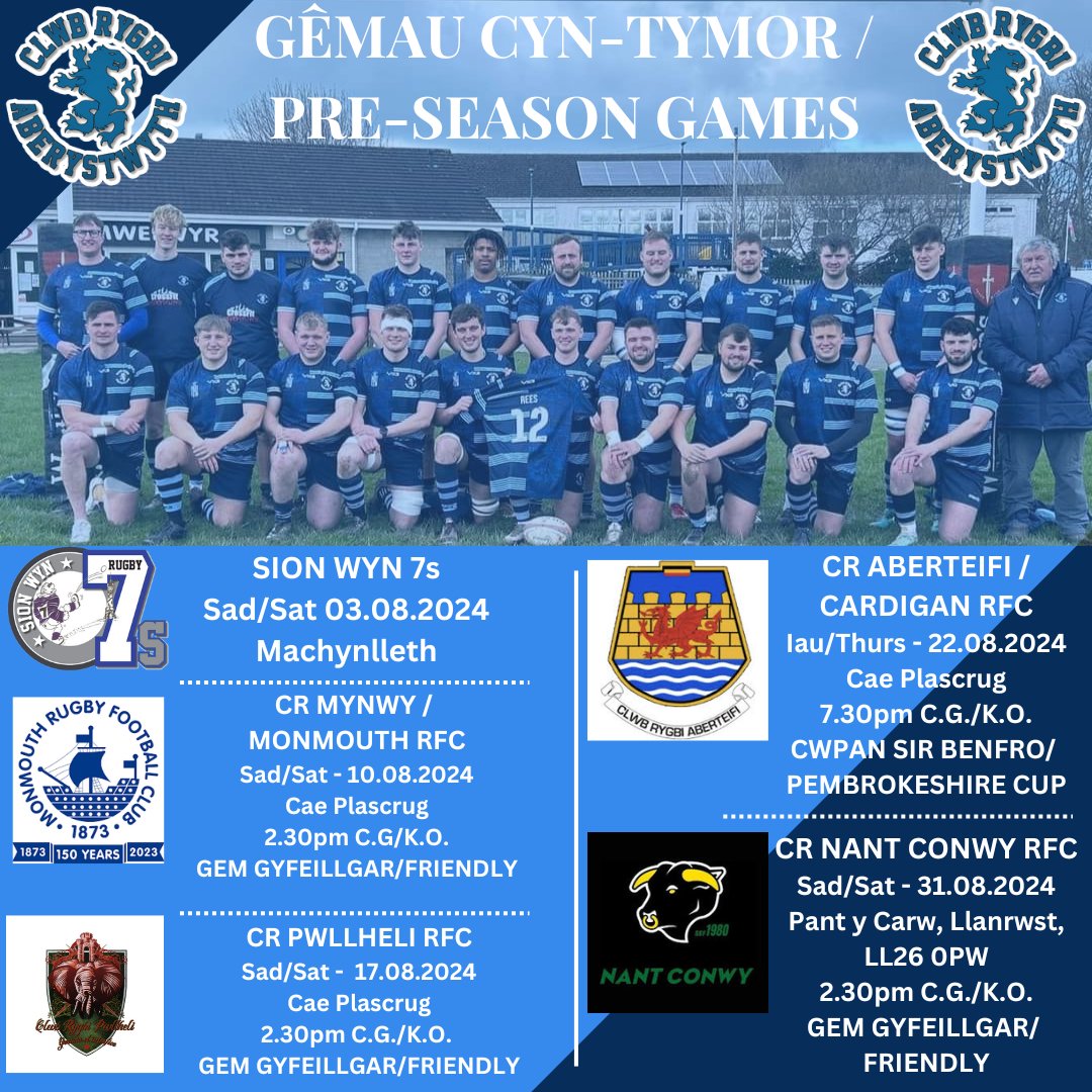 🏉🔵🐻 Gêmau cyn-tymor 🏉🔵🐻

Yn dechrau ar 3ydd Awst yn Machynlleth ar gyfer Twrnament Sion Wyn 7s.  
Gêm gyntaf gyfeillgar adre yn Nghlwb Rygbi Aberystwyth ar ddydd Sadwrn 10fed Awst yn erbyn Mynwy.  
Dewch lawr i gefnogi'r bois.
#AberRFC 
#UnClwb
#BlueBears