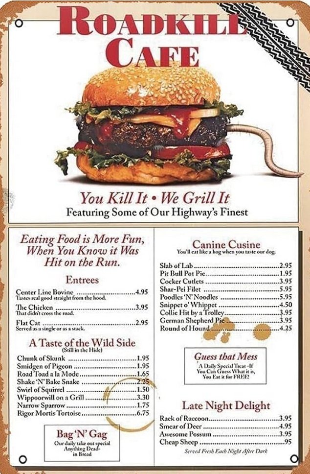 LindaPeters64's tweet photo. @intheolivegrov1 No, we didn't eat at the RoadKill Cafe, but this retro menu poster looks wild! 😁
#Top4Theme #Top4Flags https://t.co/ixhOvIAqmr