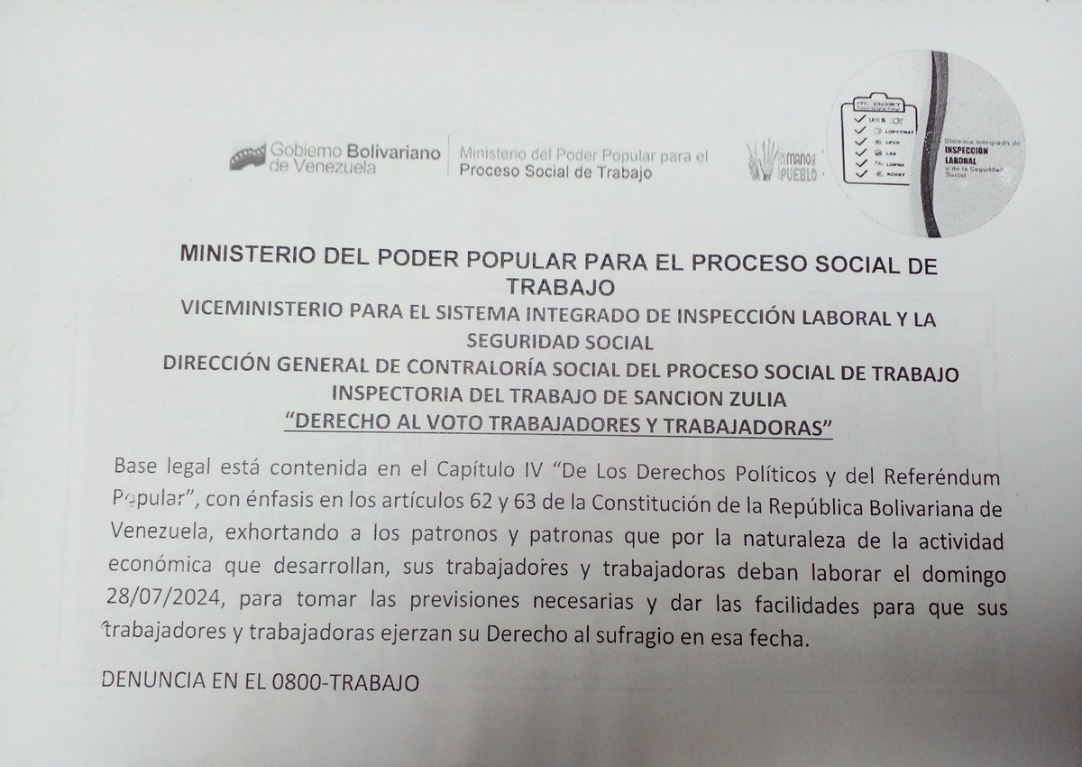 Siguiendo instrucciones del Ministro del Trabajo Alexi Corredor y la Viceministra de Inspección Laboral Rosalia Singalez, damos inicio a las asesorías colectivas en la Inspectoria del Trabajo de Sanción Zulia el día de hoy 10/07/2024, DERECHO AL VOTO DE LOS TRABAJADORES