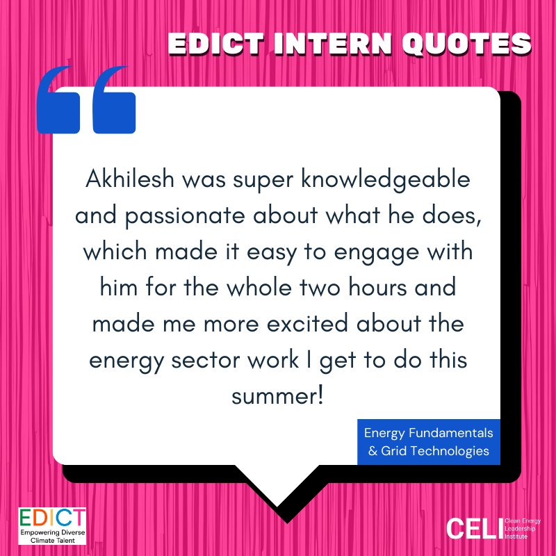 Energy_Leaders's tweet photo. EDICT Interns had the privilege of hearing from Akhilesh Ramakrishnan on the topic of grid technologies and energy fundamentals! Thank you Akhilesh for sharing your time and expertise with the current #EDICT cohort! https://t.co/tZZTKBjB3m
