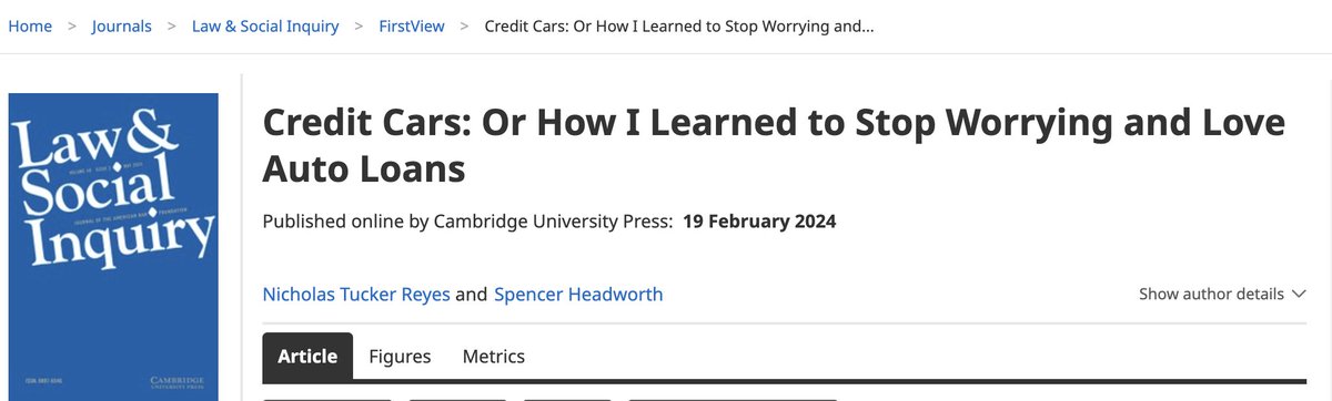 Law & Social Inquiry (@lsi_journal) on Twitter photo Why do people with lower credit scores “deserve” to pay more for things like car insurance? Reyes (<a href="/UBuffalo/">UBuffalo</a>) and Headworth’s (<a href="/PurdueSociology/">Purdue Department of Sociology</a>) article explains how legal infrastructure solidified an economy of moral judgment around the auto loan market. bit.ly/3xSyrCM Why do people with lower credit scores “deserve” to pay more for things like car insurance? Reyes (<a href="/UBuffalo/">UBuffalo</a>) and Headworth’s (<a href="/PurdueSociology/">Purdue Department of Sociology</a>) article explains how legal infrastructure solidified an economy of moral judgment around the auto loan market. bit.ly/3xSyrCM