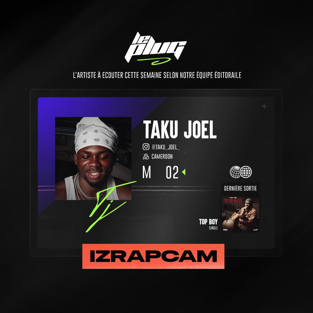 izrapcam's tweet photo. @elhkmer @TakuJoel @alkdallarco @freeboy_makizar @KillBPsycatra @TEMAdu03 @FreeboiLama @GbcOfficiel @AOoriginals @slkekra 📢 #LePlug of the Week! 🎧

Spotlight on @Tjfamouz, the Pidgin rap sensation from Cameroon! Check out his new single "Top Boy" on the first cameroonian rap playlist on Audiomack and Spotify via ➡️ https://t.co/TSlmgldCFF

#izrapcam https://t.co/oF7ExZ9AJh
