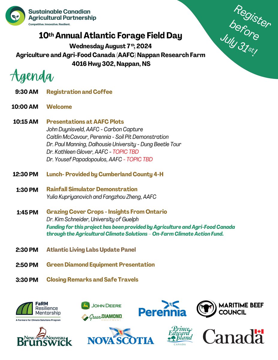 10th annual Forage Field Day Agenda up!  <a href="/AAFC_Canada/">AAFC Canada</a> <a href="/CFGA_ACPF/">CFGA_ACPF</a> <a href="/NSPerennia/">Perennia Food and Agriculture Corporation</a> <a href="/FarmersClimate/">Farmers for Climate Solutions</a> <a href="/DalhousieU/">Dalhousie University</a> <a href="/peicattle/">Prince Edward Island Cattle Producers</a> <a href="/NSCattle/">Nova Scotia Cattle Producers</a> <a href="/BovinsNBCattle/">NB Cattle Producers</a> <a href="/NBSoilandCrop/">NB Soil & Crop</a> <a href="/peifa_ca/">PEI Federation of Agriculture</a> (PEI Federation has travel bursary for producers) <a href="/NSAgriculture/">NS Agriculture</a> <a href="/AgInfoPEI/">PEI Agriculture</a>
eventbrite.ca/e/10th-annual-…