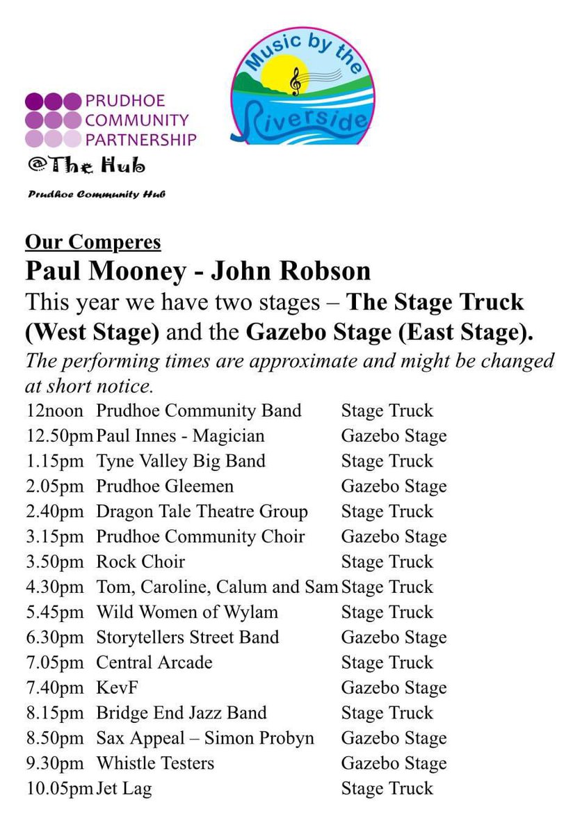 Music by the Riverside - Saturday 13 July - 12noon to 10.30pm.
Music and drama, food vans, community stalls - River Tyne in the Amphitheatre area - two stages - 18 acts weather forecast isn’t great but, it will go ahead …wrap up, bring a brolly and have fun. This is a FREE event
