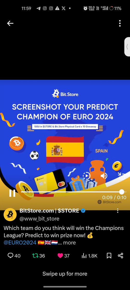 AsifAnas1256889's tweet photo. @www_bit_store @EURO2024 LFG Spain 👨🚀⚡🚀
#BitStrore Thanks For the giveaway 🔥🤩
@SEFutbol ⚽ #EURO2024 #Prediction 🔥 https://t.co/nOqZZ6Sa4S