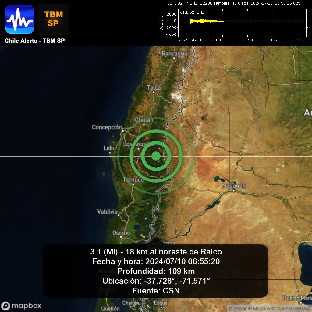 ChileAlertaApp's tweet photo. Aviso de nuevo sismo. 🇨🇱
3.1 (Ml) - 18 km al noreste de Ralco.
2024/07/10 06:55:20
App: https://t.co/RblVNxZYn8
🔁 Comparte, comenta y síguenos 👍
#Ralco #earthquake #sismo #temblor #terremoto #CSN #GUC #Chile https://t.co/1Jwt5B1xdE