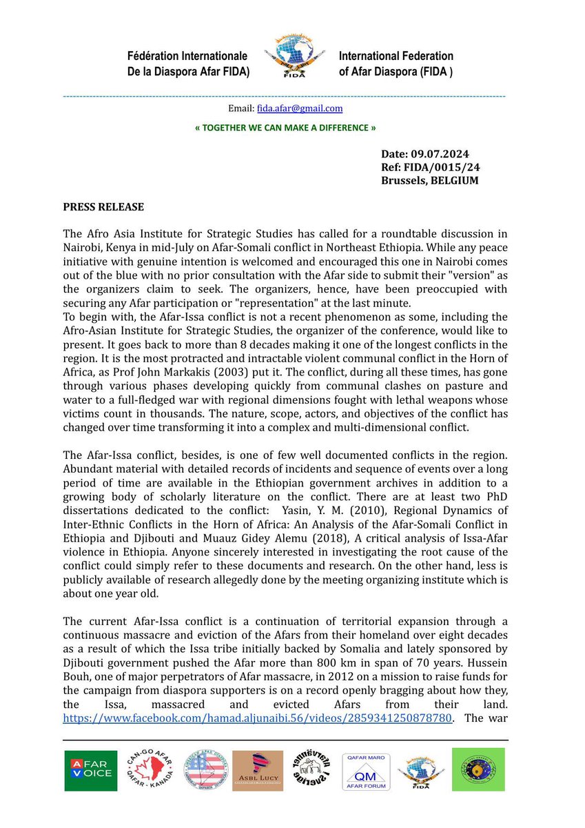 assebpress1's tweet photo. 🔴The #Afar diaspora calls for a boycott of the #Nairobi conference organized by a new @AfroAsiaInst, citing malicious intentions and regionalization attempts of the Afar-Issa conflict. The diaspora reaffirms its commitment to genuine peace.  @RAbdiAnalyst @AbdiwahabSheik7 https://t.co/ZJgD2zrw7K