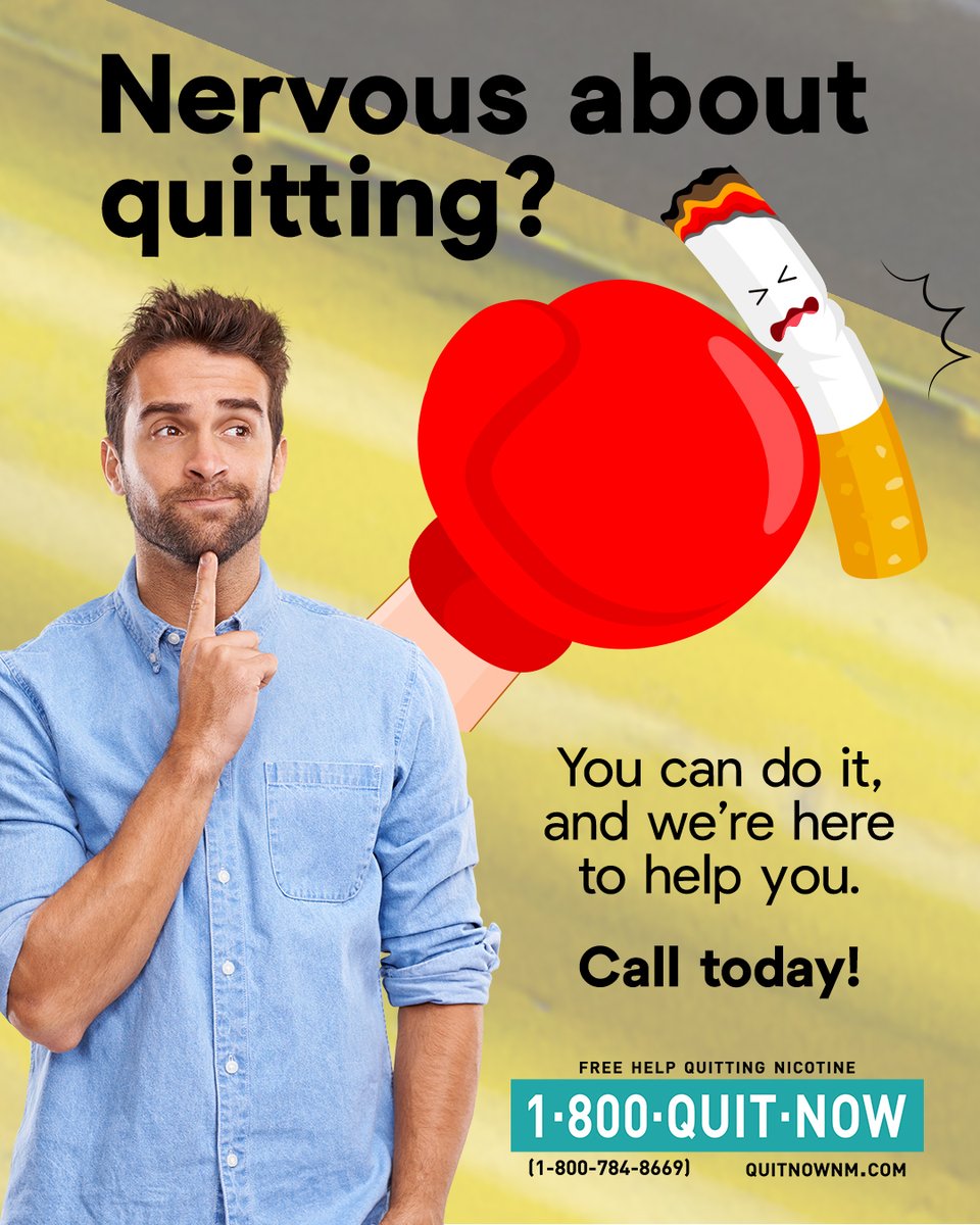 quitnownm's tweet photo. Feeling nervous about quitting is normal, it just takes the will and effort to quit. You’re not alone. Get FREE help quitting all #nicotine and #vaping products today! Call 1-800-QUIT-NOW (1-800-784-8669).

#smokefree #vapefree https://t.co/a8N71HO8JN