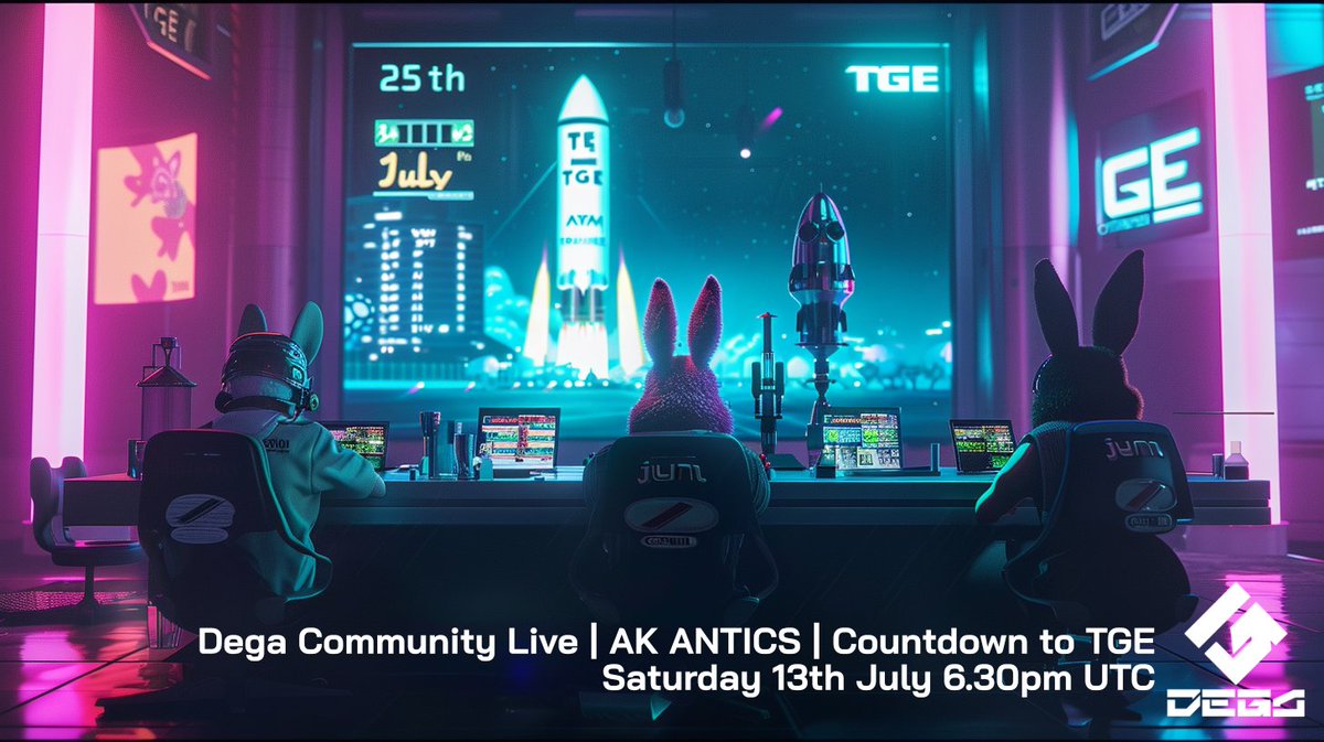 DEGA Community Live | AK ANTICS | Countdown to TGE
Hosted by The Animalia Kingdom Tribe <a href="/DEGA_org/">DEGA</a>

Saturday 13th July 6.30pm UTC discord.gg/dega 

SmashKarts - 6pm UTC
AMA - 6.30pm UTC
🔥Da Degens - Airdrops - Staking - TGE🔥
<a href="/InFinitye_sport/">INFINITY 🚀</a> <a href="/DegenTitans/">DegenTitans 🟧</a> <a href="/VenusProtocol/">Venus Protocol</a>