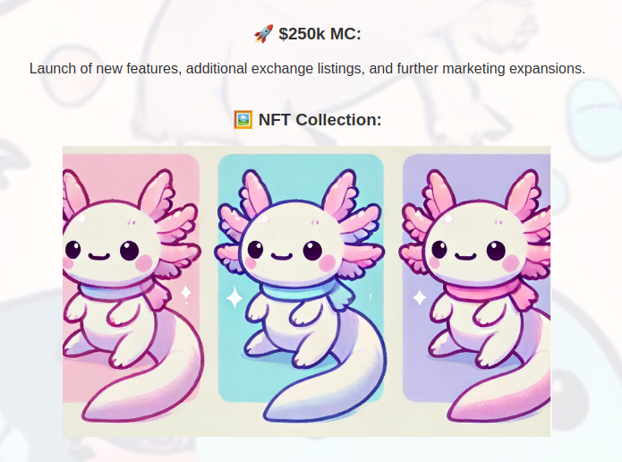 AxolotlOnTon's tweet photo. Hello Salamander FAM! 🦎✨

We've added a new milestone to our roadmap: 

- an exclusive NFT collection once we reach $250k MC! 🚀💰

It will be as beautiful as our beloved Axolotl ($AXO). 
Give us a like and repost to spread the word! 👍🔄

#FISH $REDO $REGI $FISH $UTYAB $BOTON https://t.co/wmrueZzIRp
